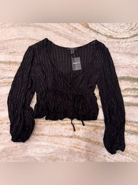 Forever 21 Black Wrap Blouse with Metallic Gold Pinstripes